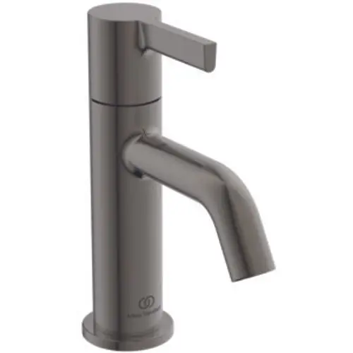 Einzelner Wasserhahn von Ideal Standard in Magnetgrau mit gerader Auslaufform und einem flachen Hebel oben zur Steuerung des Wasserflusses.
